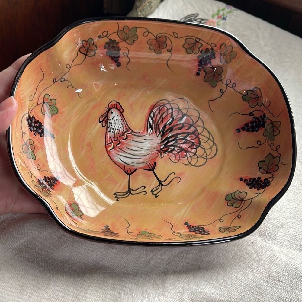 LANG redware Wine Country Susan Winget  Roster serving bowl. 2005